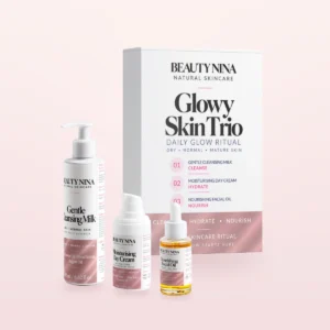 BEAUTYNNA Glowy Skin Trio box with Gentle Cleansing Milk, Moisturising Day Cream and Nourishing Facial Oil