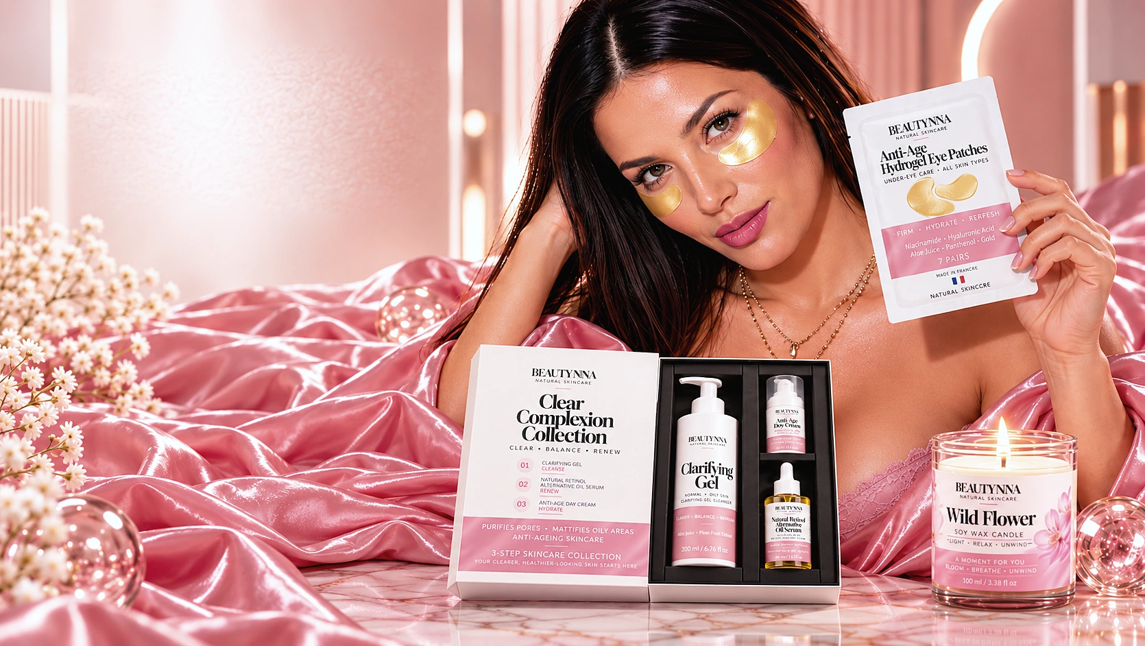 Model wearing gold BEAUTYNNA hydrogel eye patches on pink satin, holding the Anti-Age Hydrogel Eye Patches sachet, beside the open Clear Complexion Collection with Clarifying Gel, Natural Retinol Alternative Oil Serum and Anti-Age Day Cream, and the Wild Flower Soy Wax Candle